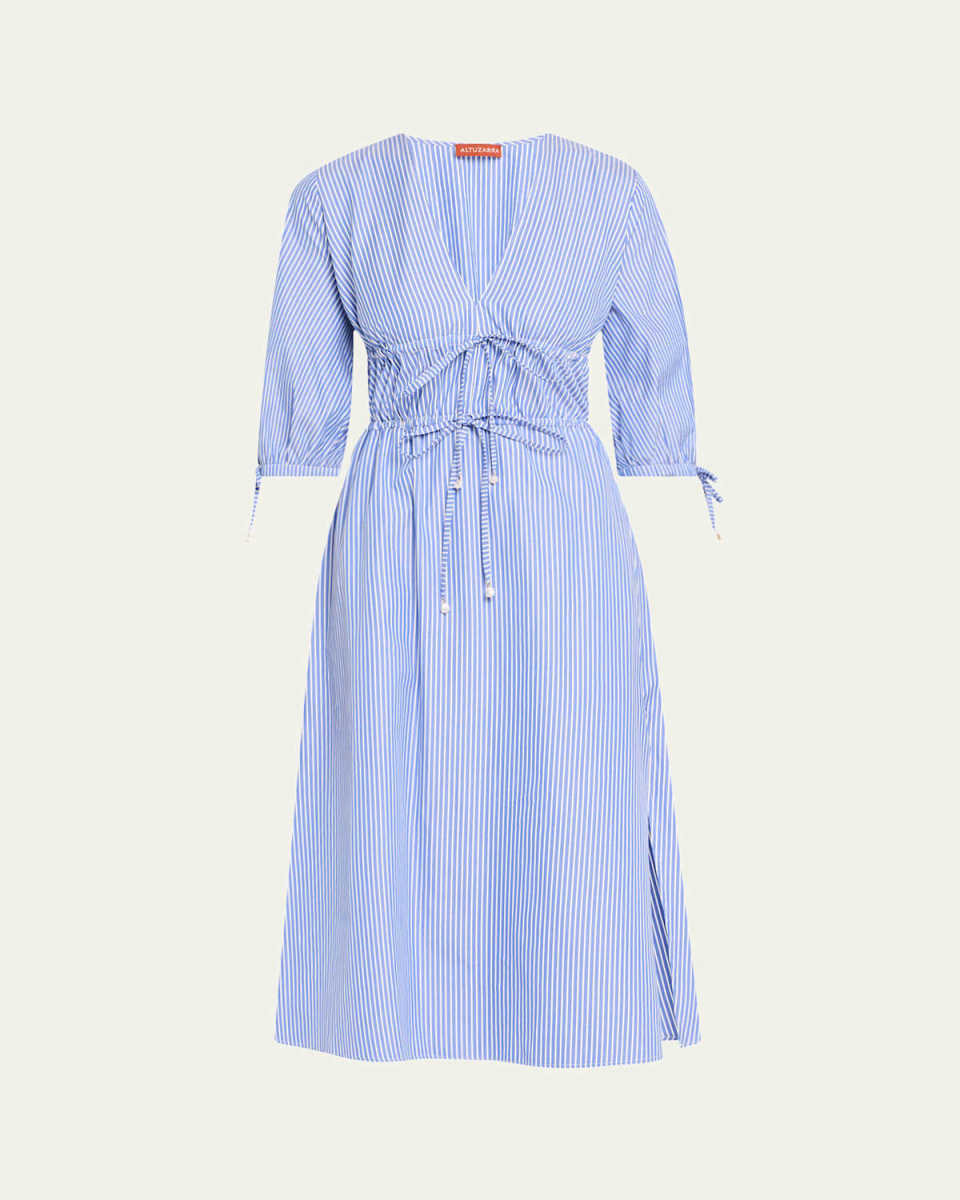 Donrine V-Neck Striped 3/4-Sleeve Midi Dress